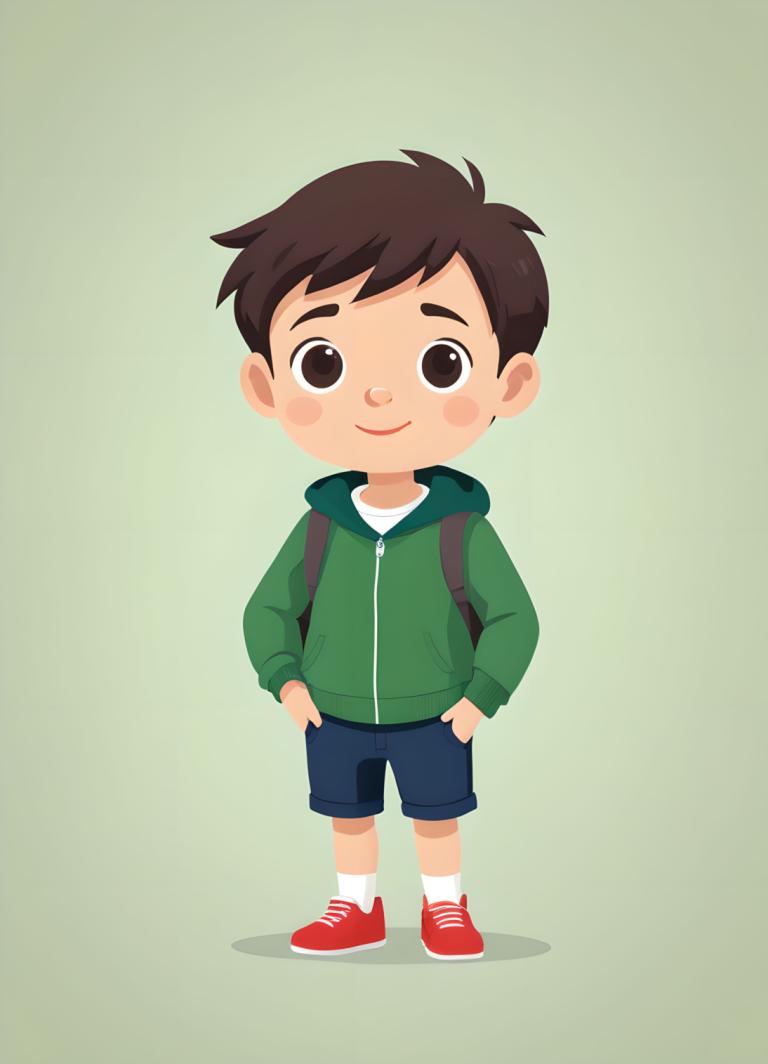 Illustration,Illustration, People, boy, 1boy, male focus, shorts, smile, hood, brown hair, hands in pockets