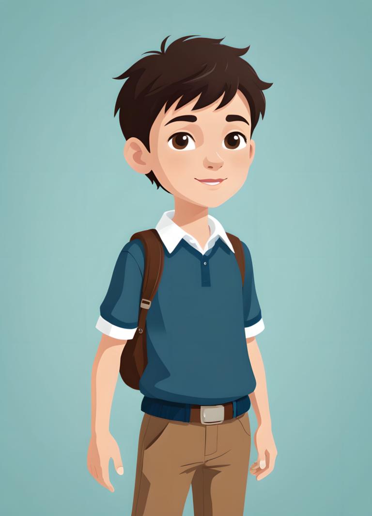 Illustration,Illustration, People, boy, 1boy, solo, male focus, brown hair, brown eyes, brown pants, bag