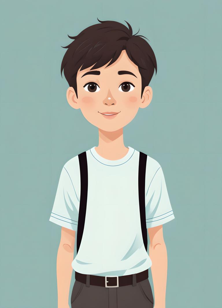 イラスト,イラスト, 人物, 少年, 男の子1名, 男性の焦点, ソロ, シャツ, 笑顔, 視聴者を見ている, 茶色の目, シンプルな背景, ベルト, 茶髪, カウボーイショット, 半袖, 男の子供, サスペンダー