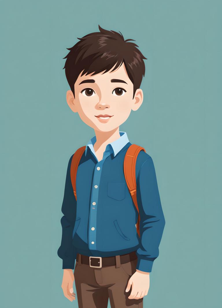 Illustration,Illustration, People, boy, 1boy, male focus, solo, backpack, brown eyes, bag, brown hair, belt