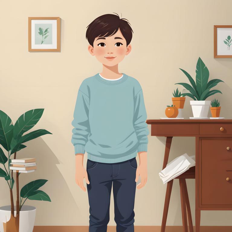 イラスト,イラスト, 人物, 少年, ソロ, 植物, パンツ, 男の子1名, 鉢植え, 男性の焦点, 屋内で, ショートヘア, 視聴者を見ている, 長袖, 立っている, 茶髪, 足がフレームからはみ出す, 笑顔