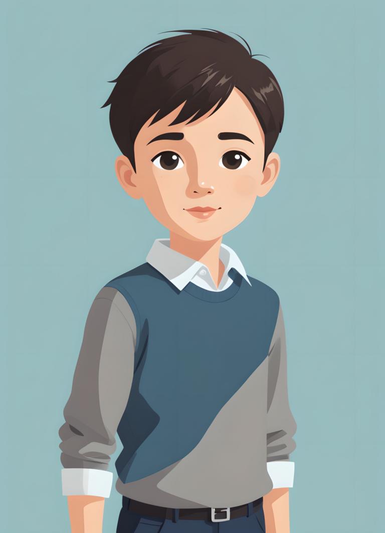 Illustration,Illustration, People, boy, solo, 1boy, male focus, shirt, looking at viewer, belt, smile