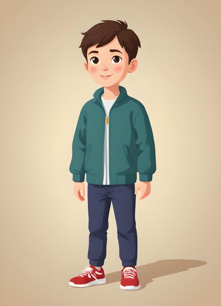 Illustration,Illustration, People, boy, 1boy, male focus, brown hair, solo, brown eyes, red footwear, smile