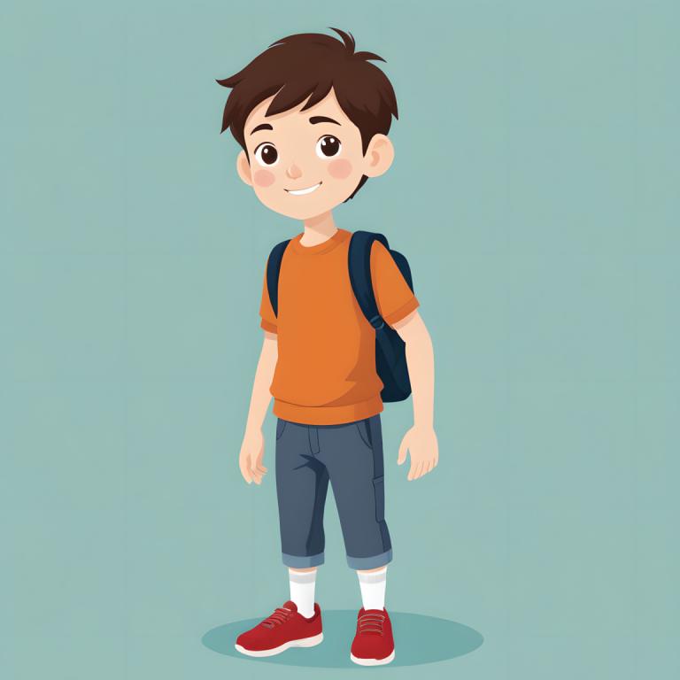 Illustration,Illustration, People, boy, 1boy, male focus, brown hair, backpack, solo, bag, shirt, smile