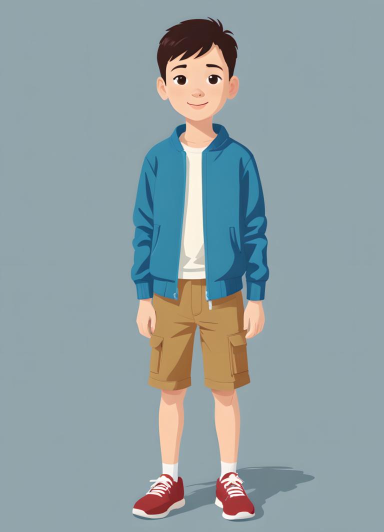 Illustration,Illustration, People, boy, 1boy, male focus, solo, shorts, red footwear, shoes, shirt, smile