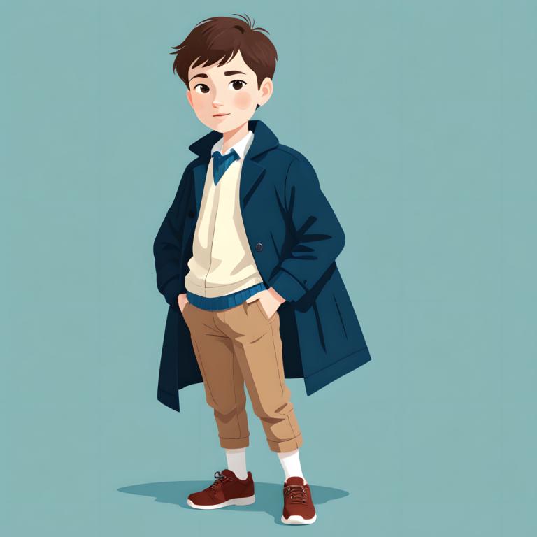 Illustration,Illustration, People, boy, solo, 1boy, male focus, brown hair, shoes, brown pants, shirt, pants