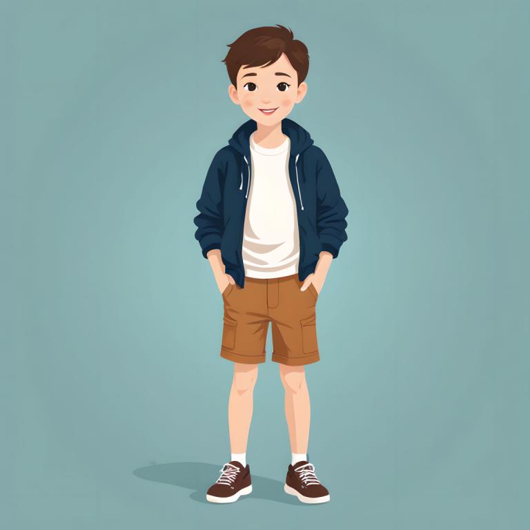 Illustration,Illustration, People, boy, 1boy, male focus, solo, brown hair, shorts, shoes, full body