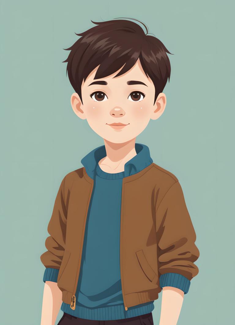 イラスト,イラスト, 人物, 少年, 男の子1名, ソロ, 男性の焦点, 茶色の目, 茶髪, ジャケット, シンプルな背景, 視聴者を見ている, 緑の背景, 笑顔, セーター, 青いシャツ, 青い背景