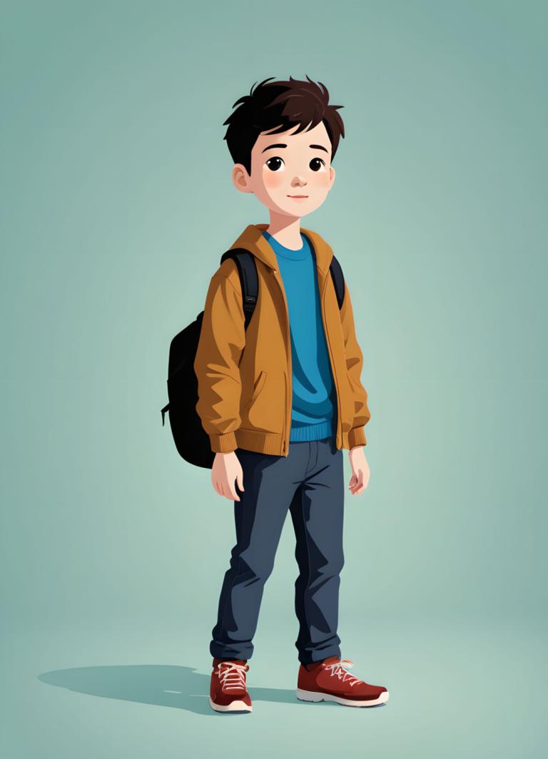 Illustration,Illustration, People, boy, 1boy, male focus, solo, backpack, blue shirt, bag, shoes