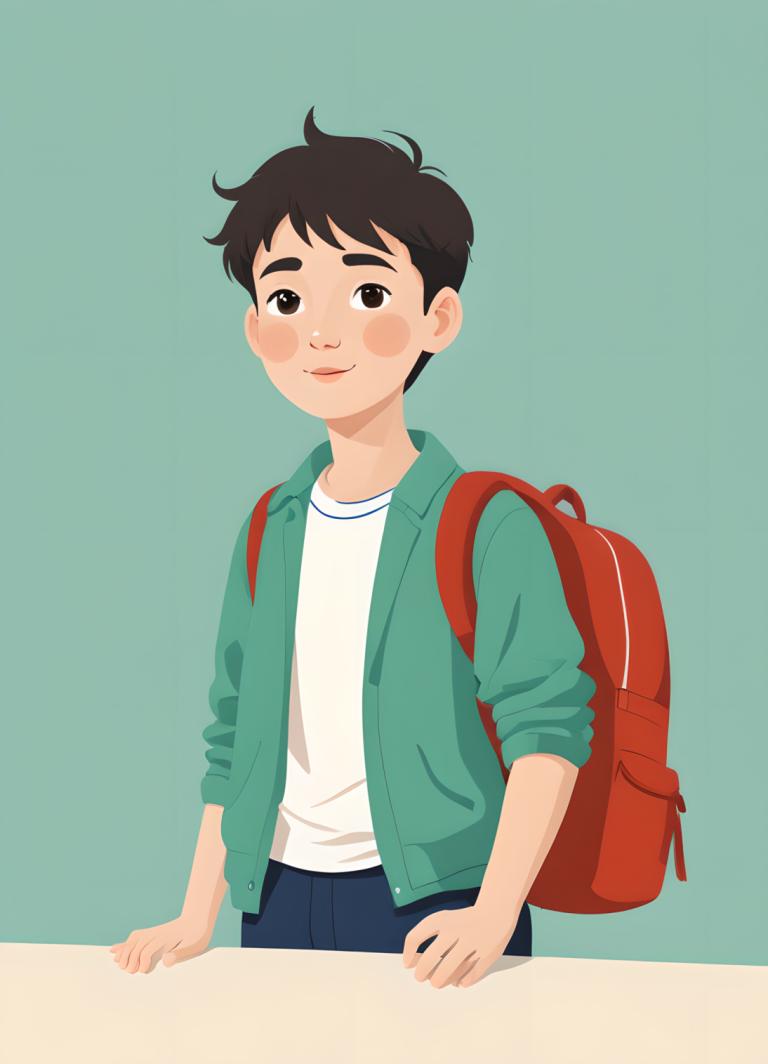 Illustration,Illustration, People, boy, 1boy, backpack, solo, male focus, bag, shirt, green background