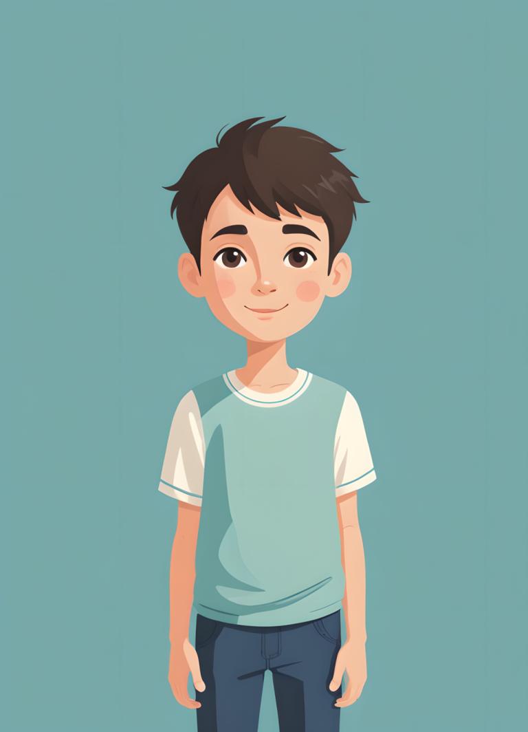 Illustration,Illustration, People, boy, 1boy, solo, male focus, smile, simple background, brown eyes, shirt