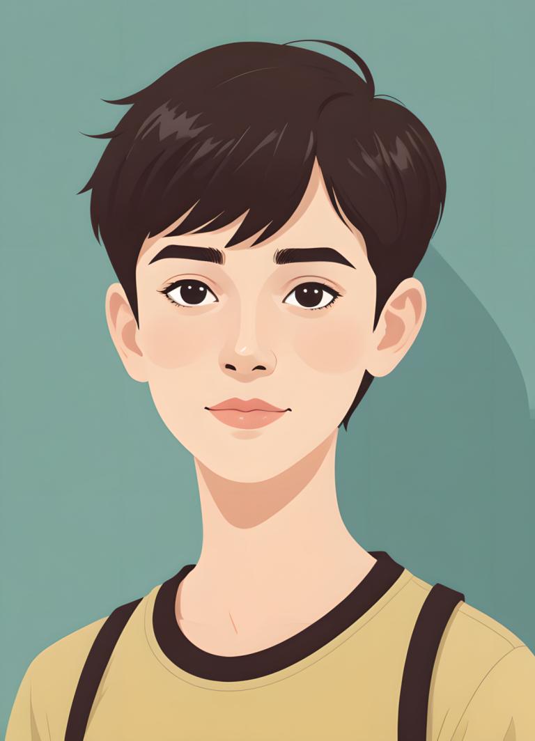 Háttér eltávolítása, Illustration, People, boy, solo, shirt, yellow shirt, looking at viewer, black eyes, black hair, shadow, 1boy, short hair, lips, male focus, green background, simple background, upper body, brown hair, suspenders, brown eyes, aqua background, closed mouth, portrait