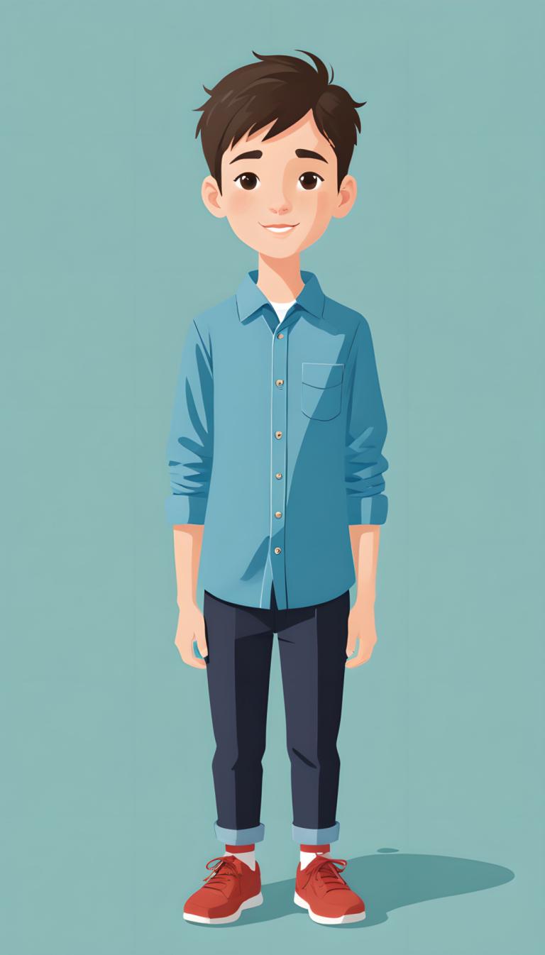 Illustration,Illustration, People, boy, 1boy, male focus, brown hair, solo, smile, shirt, brown eyes, shoes