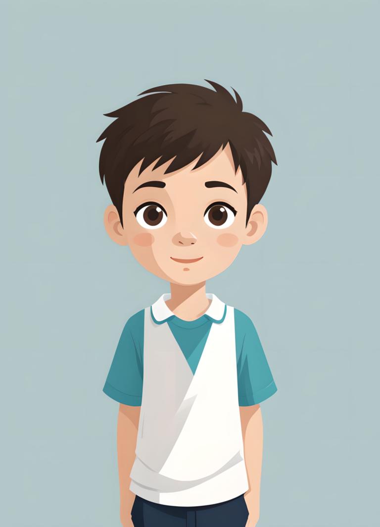 イラスト,イラスト, 人物, 少年, 男の子1名, 男性の焦点, ソロ, 茶髪, 茶色の目, 笑顔, シンプルな背景, 赤面ステッカー, シャツ, 視聴者を見ている, 青いシャツ, 青い背景, 男の子供, 半袖