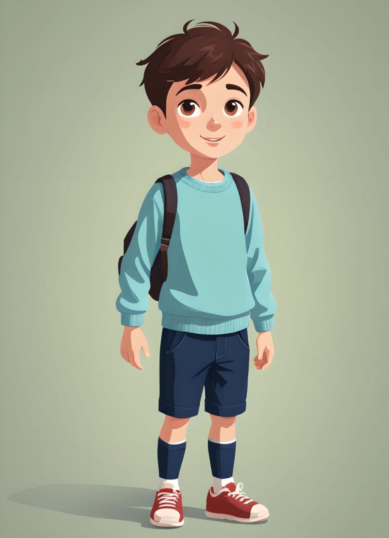 Illustration,Illustration, People, boy, 1boy, male focus, solo, backpack, brown eyes, shorts, brown hair, bag