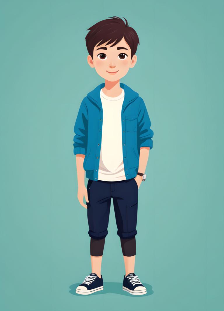 Illustration,Illustration, People, boy, 1boy, male focus, solo, shoes, smile, brown hair, watch, brown eyes