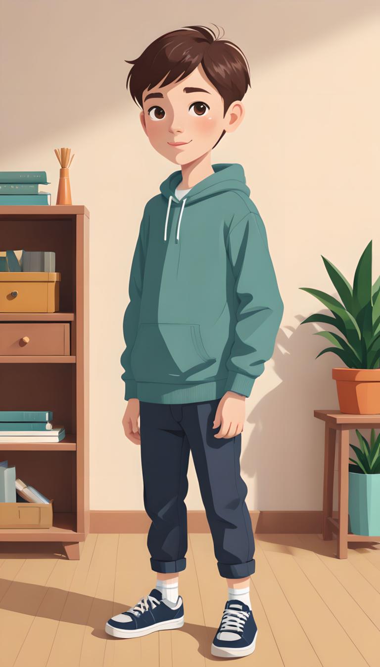 Illustration,Illustration, People, boy, 1boy, male focus, solo, brown hair, hoodie, hood, brown eyes, shoes