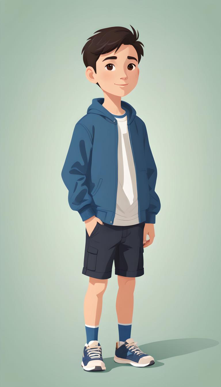 イラスト,イラスト, 人物, 少年, 男の子1名, ソロ, 男性の焦点, ショートパンツ, 靴, シャツ, 全身, 茶色の目, 靴下, 茶髪, 白のシャツ, フード, ポケットに手を入れる, 立っている, 笑顔