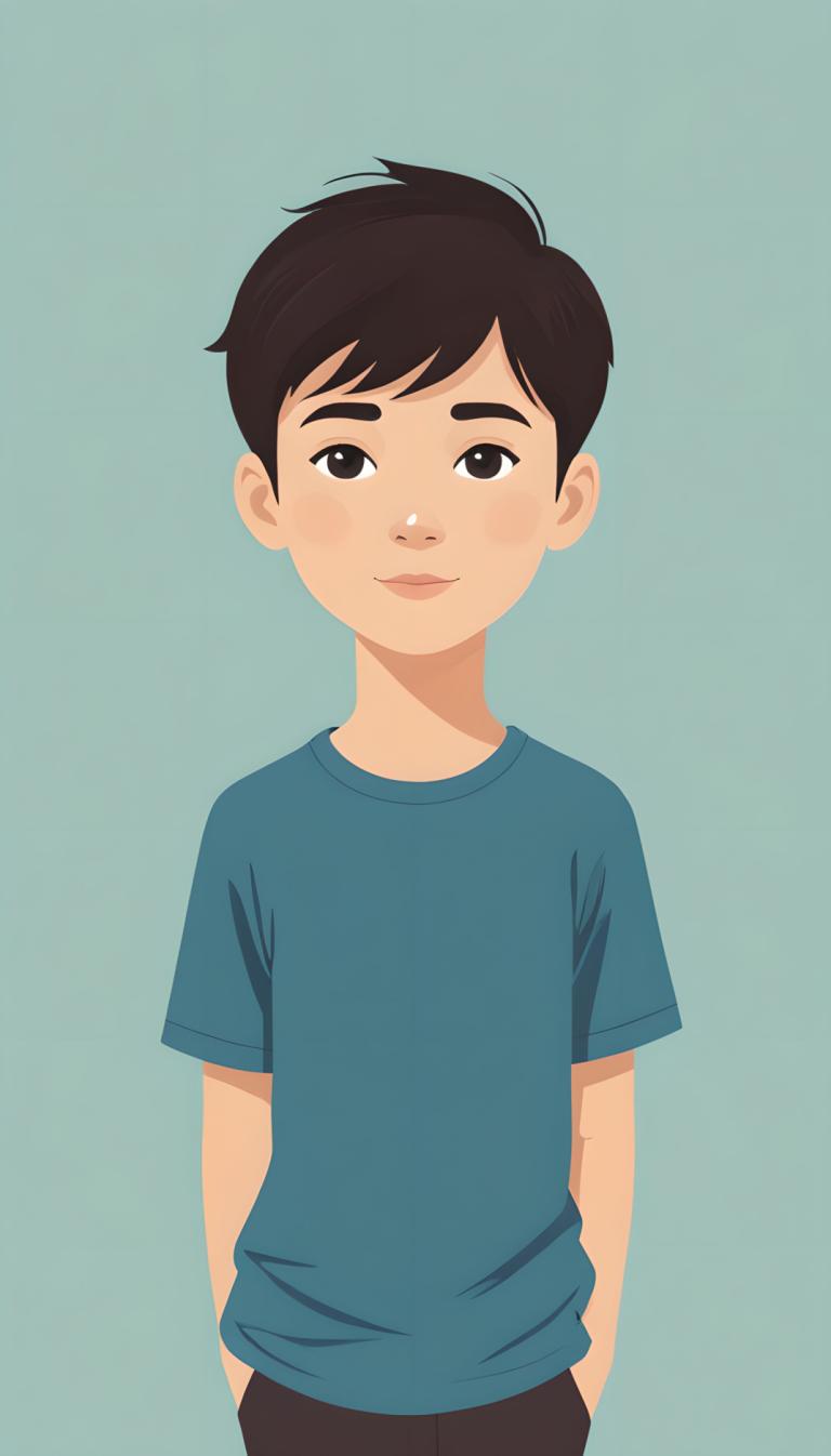 イラスト,イラスト, 人物, 少年, ソロ, 男の子1名, 男性の焦点, シャツ, シンプルな背景, 青いシャツ, 視聴者を見ている, 黒髪, 黒目, 水色の背景, 青い背景, 半袖, 笑顔, Tシャツ, 緑の背景