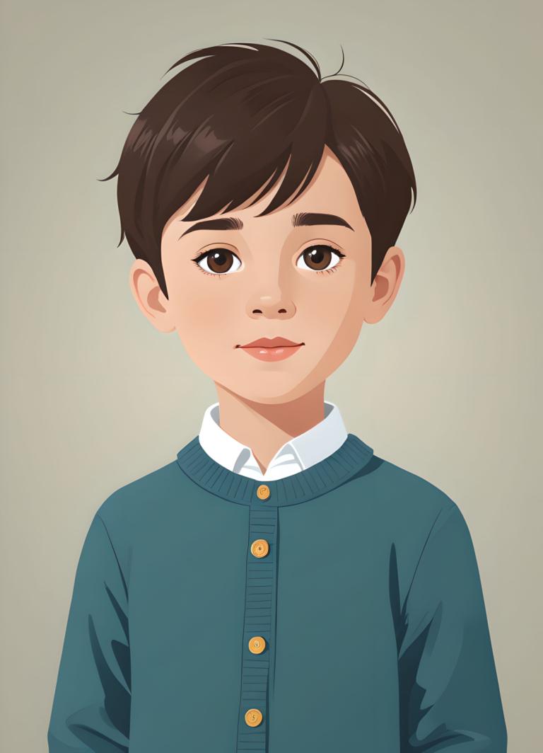 Illustration,Illustration, People, boy, solo, brown hair, brown eyes, looking at viewer, shirt