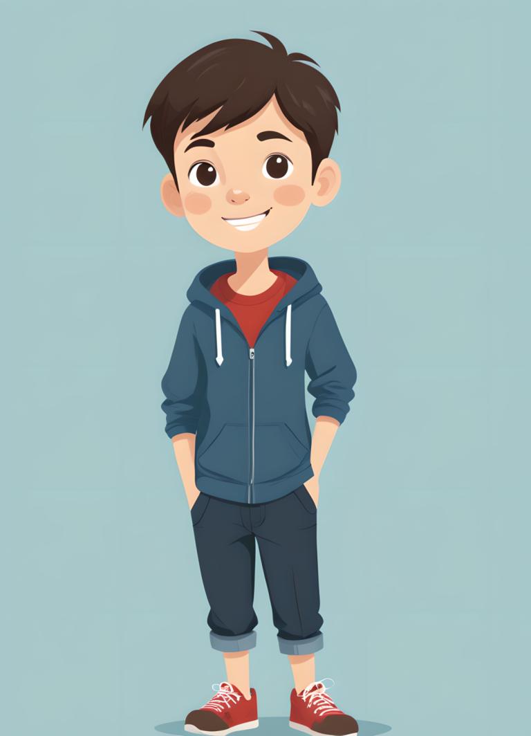 Illustration,Illustration, People, boy, 1boy, male focus, smile, hood, hands in pockets, brown hair, hoodie