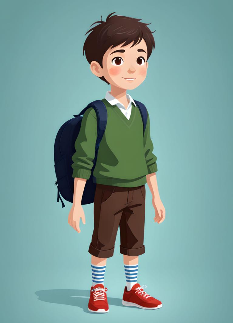 Illustration,Illustration, People, boy, 1boy, backpack, male focus, bag, solo, brown eyes, shorts, shoes