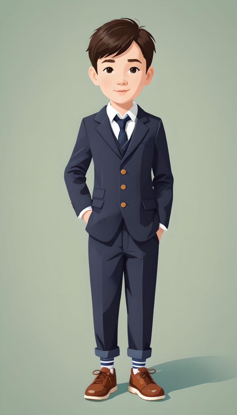 Illustration,Illustration, People, boy, solo, brown hair, necktie, 1boy, male focus, pants, brown footwear