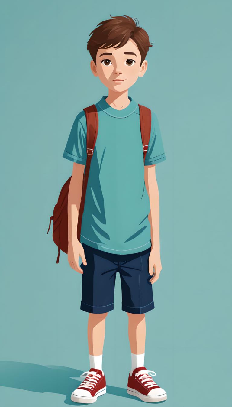 イラスト,イラスト, 人物, 少年, 男の子1名, 男性の焦点, ソロ, 茶髪, シャツ, ショートパンツ, バッグ, バックパック, 茶色の目, 靴, 赤い靴, 全身, 青いシャツ, 視聴者を見ている