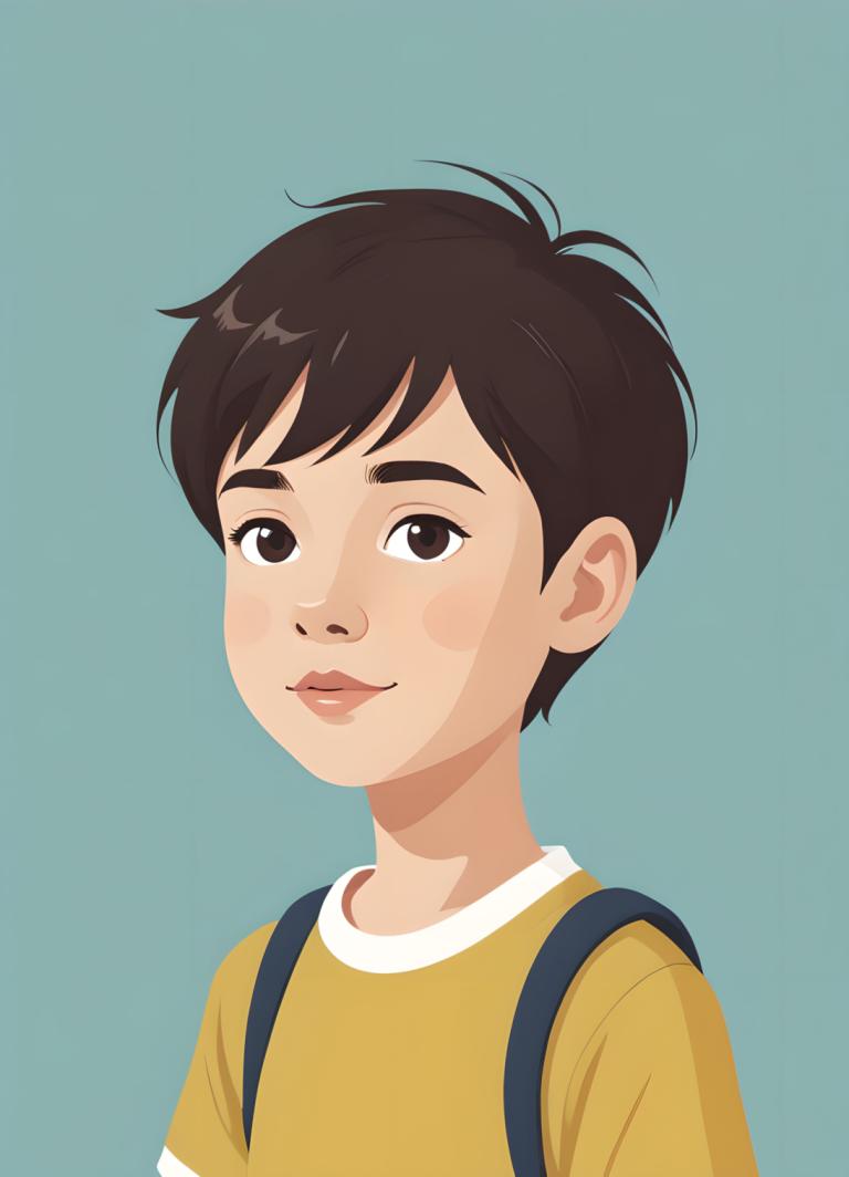 イラスト,イラスト, 人物, 少年, ソロ, シャツ, 男の子1名, 男性の焦点, シンプルな背景, バックパック, 視聴者を見ている, 茶髪, 黄色のシャツ, 上半身, 茶色の目, 唇, 水色の背景, バッグ