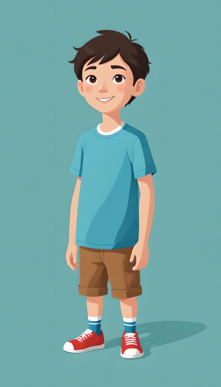 Illustration,Illustration, People, boy, 1boy, male focus, solo, shirt, shorts, smile, shoes