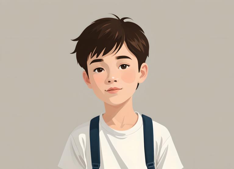 イラスト,イラスト, 人物, 少年, ソロ, 男の子1名, 男性の焦点, シャツ, 茶髪, シンプルな背景, 茶色の目, 白のシャツ, 視聴者を見ている, サスペンダー, 灰色の背景, 上半身, 唇, 笑顔