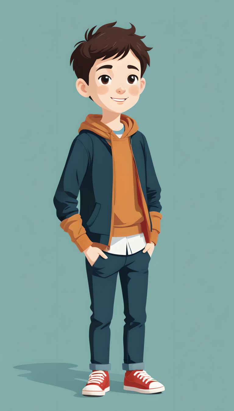 Illustration,Illustration, People, boy, 1boy, male focus, brown hair, solo, brown eyes, hoodie, smile, hood