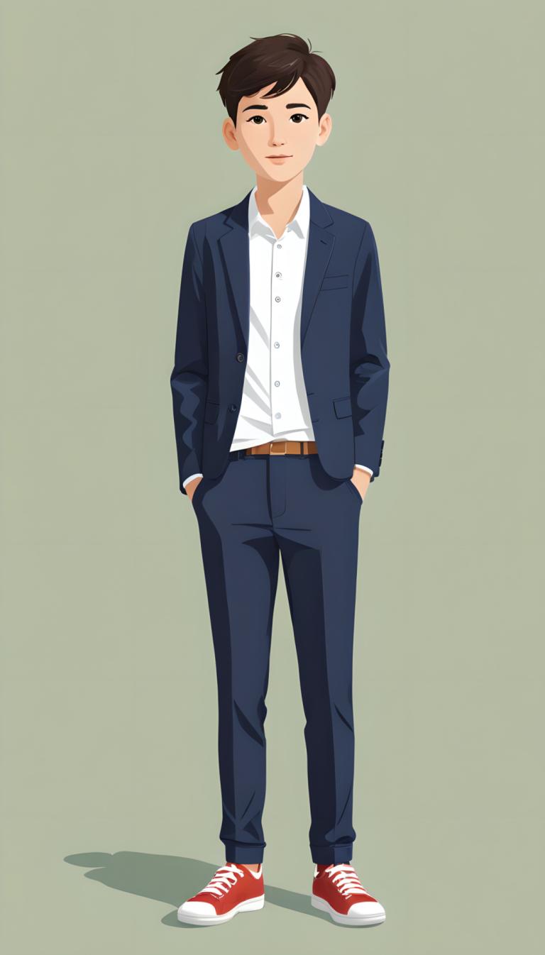 Illustration,Illustration, People, boy, solo, 1boy, male focus, shirt, belt, pants, shoes, white shirt