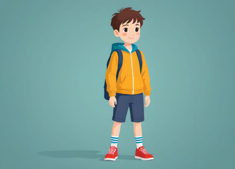 Illustration,Illustration, People, boy, 1boy, male focus, backpack, solo, brown hair, shorts, shoes