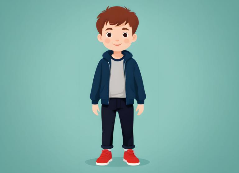 Illustration,Illustration, People, boy, 1boy, male focus, brown hair, solo, smile, red footwear, shoes, pants