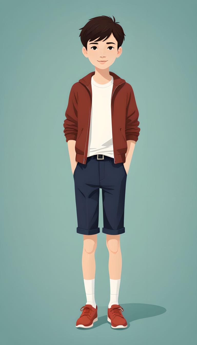 Illustration,Illustration, People, boy, 1boy, solo, male focus, shorts, hands in pockets, jacket, shirt