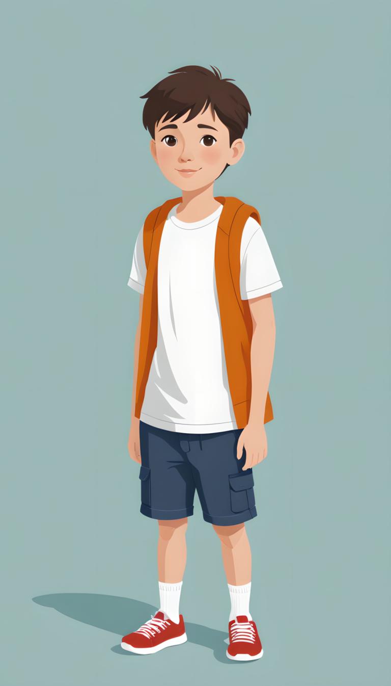 Illustration,Illustration, People, boy, 1boy, male focus, solo, shorts, red footwear, shirt, shoes