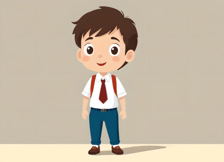 Illustration,Illustration, People, boy, 1boy, male focus, solo, brown hair, necktie, backpack, smile