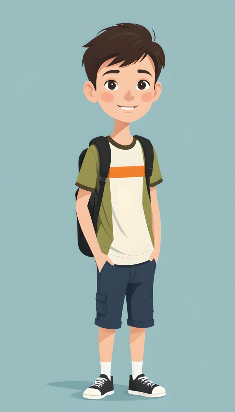 Illustration,Illustration, People, boy, 1boy, male focus, backpack, solo, smile, bag, shorts, brown hair