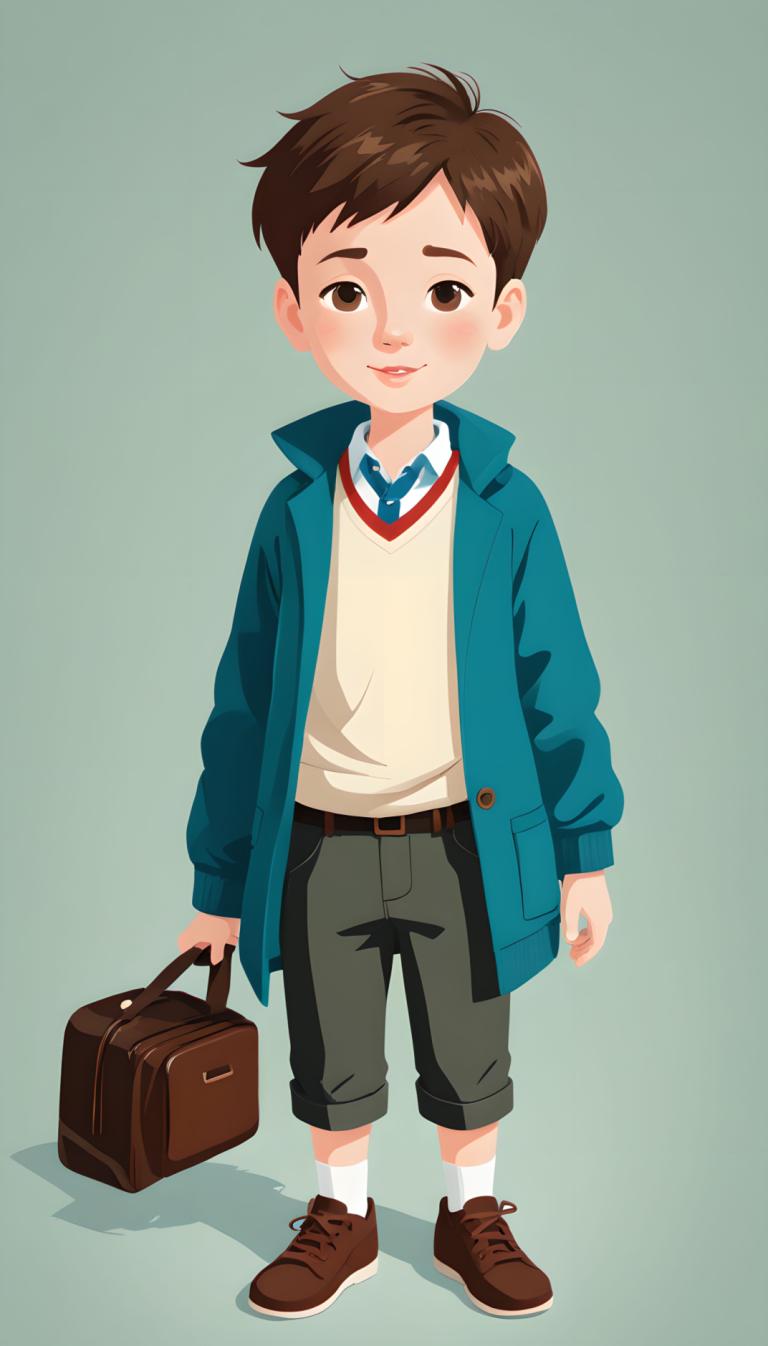 Illustration,Illustration, People, boy, 1boy, solo, male focus, brown hair, brown eyes, male child, bag