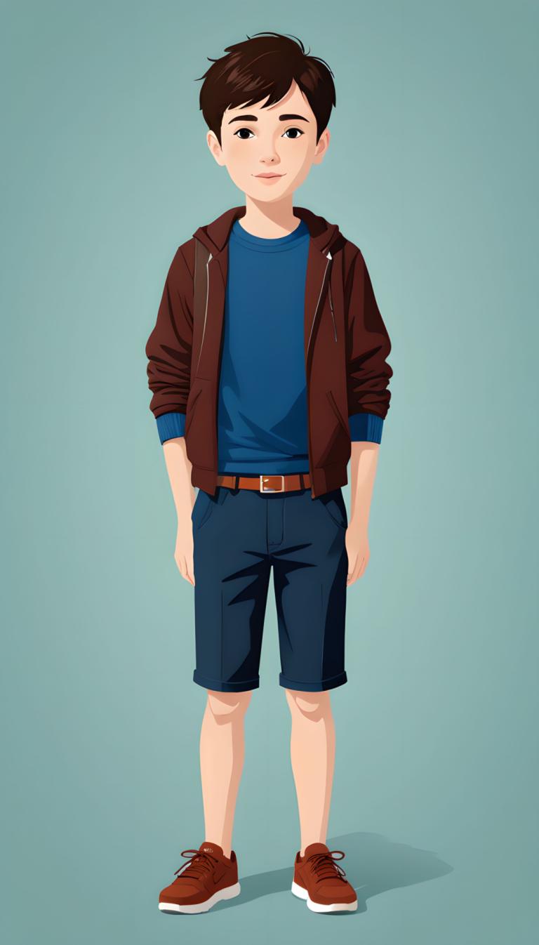 Illustration,Illustration, People, boy, solo, 1boy, shorts, male focus, jacket, brown hair, belt, full body