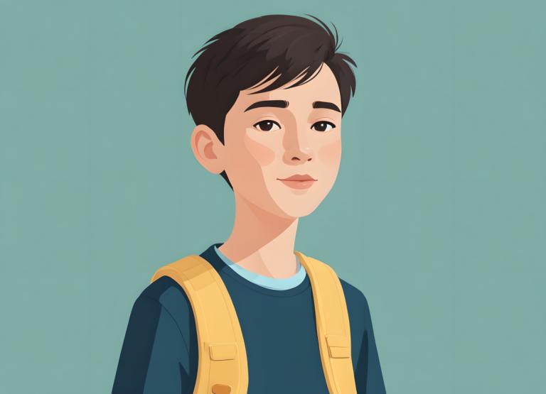 Illustration,Illustration, People, boy, backpack, solo, 1boy, blue shirt, shirt, male focus