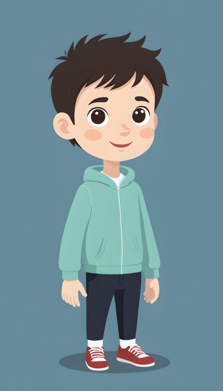 Remove Background, Illustration, People, boy, 1boy, male focus, hood, smile, hoodie, solo, blush stickers, blue background, black hair, shoes, brown eyes, open mouth, simple background, brown hair, standing, pants, sneakers, red footwear, style parody, full body