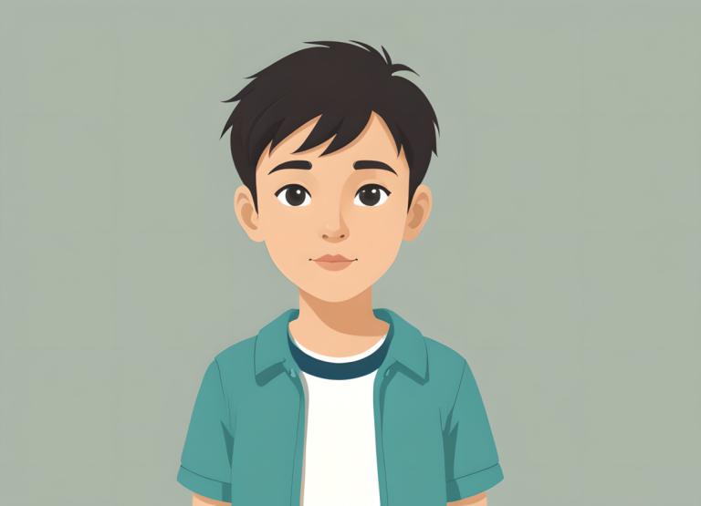 イラスト,イラスト, 人物, 少年, 男の子1名, 男性の焦点, ソロ, 黒髪, シンプルな背景, シャツ, 視聴者を見ている, 黒目, 上半身, 緑の背景, 半袖, 白のシャツ, 開いた服, 唇, 灰色の背景