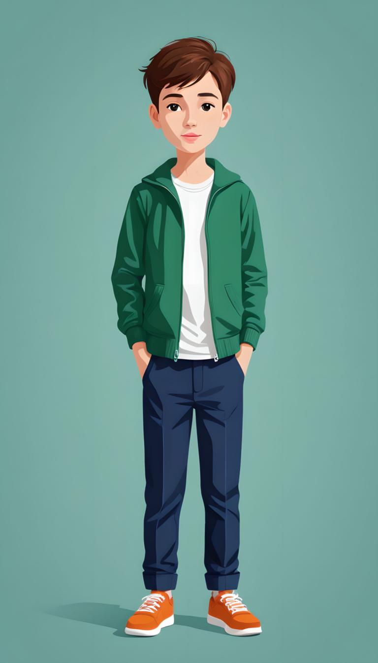 Illustration,Illustration, People, boy, solo, brown hair, pants, green jacket, shoes, shirt, jacket