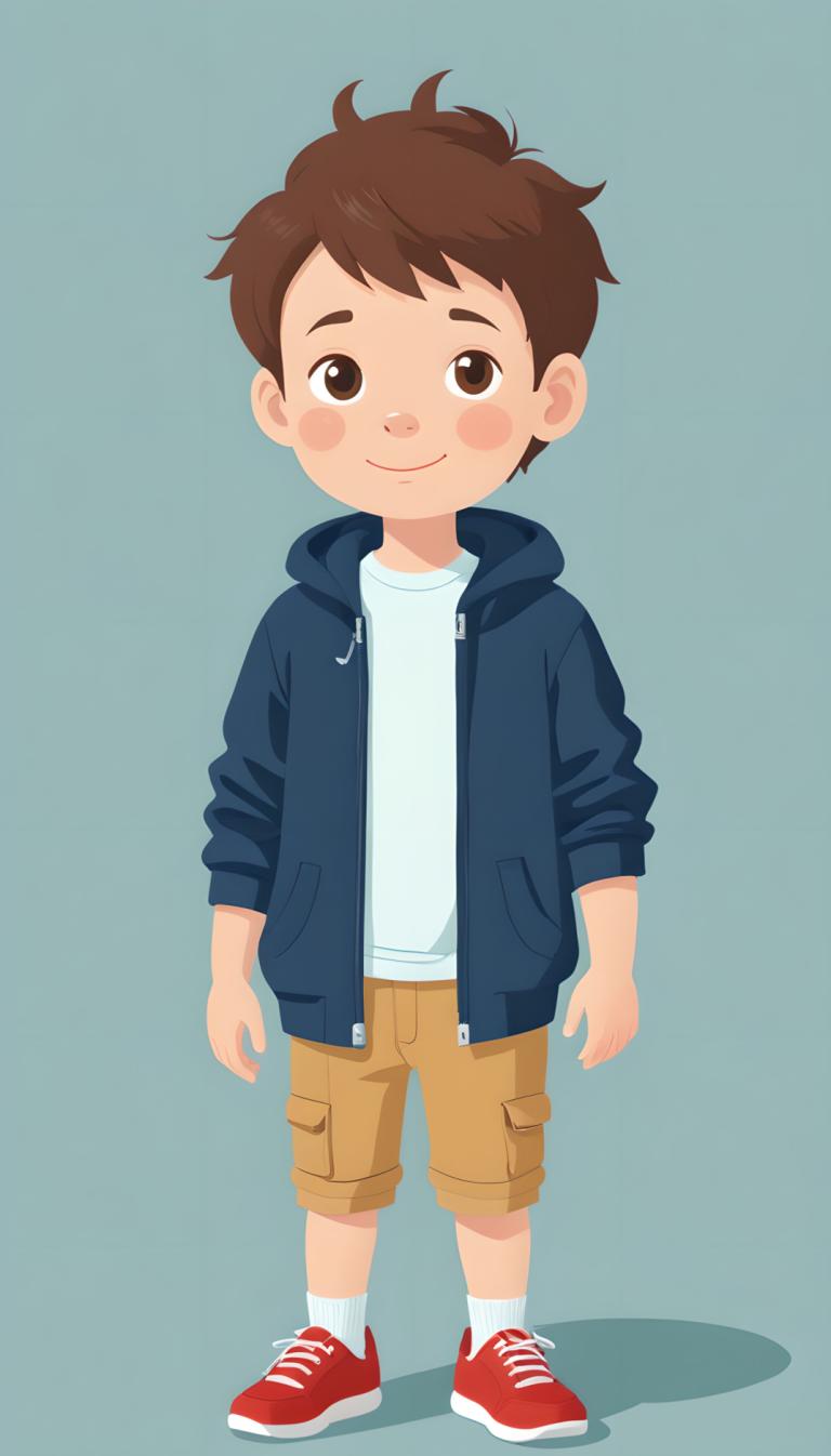 Illustration,Illustration, People, boy, 1boy, male focus, brown hair, solo, shorts, smile, brown eyes, shoes