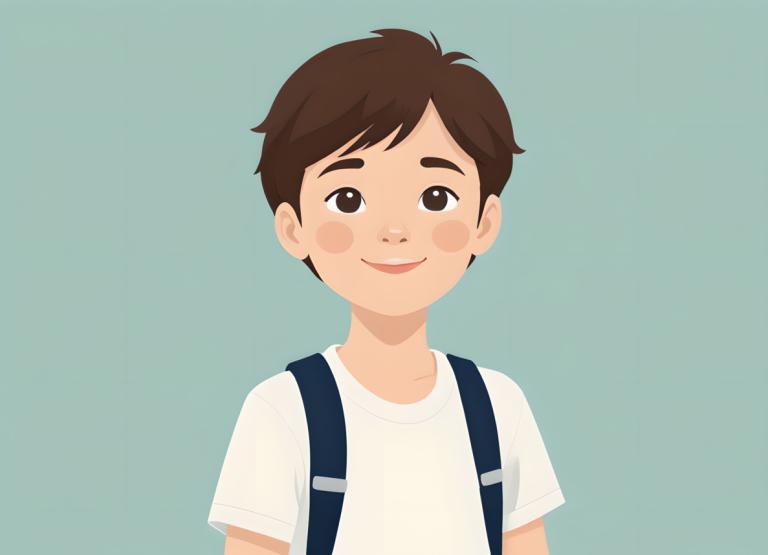 イラスト,イラスト, 人物, 少年, ソロ, 男の子1名, 茶髪, シャツ, 男性の焦点, 笑顔, 茶色の目, シンプルな背景, 白のシャツ, 視聴者を見ている, 半袖, 上半身, 水色の背景, サスペンダー