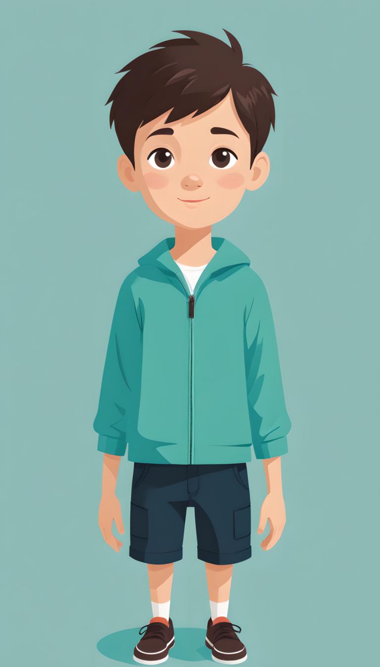 Illustration,Illustration, People, boy, 1boy, male focus, solo, brown hair, shorts, smile, hood, shoes