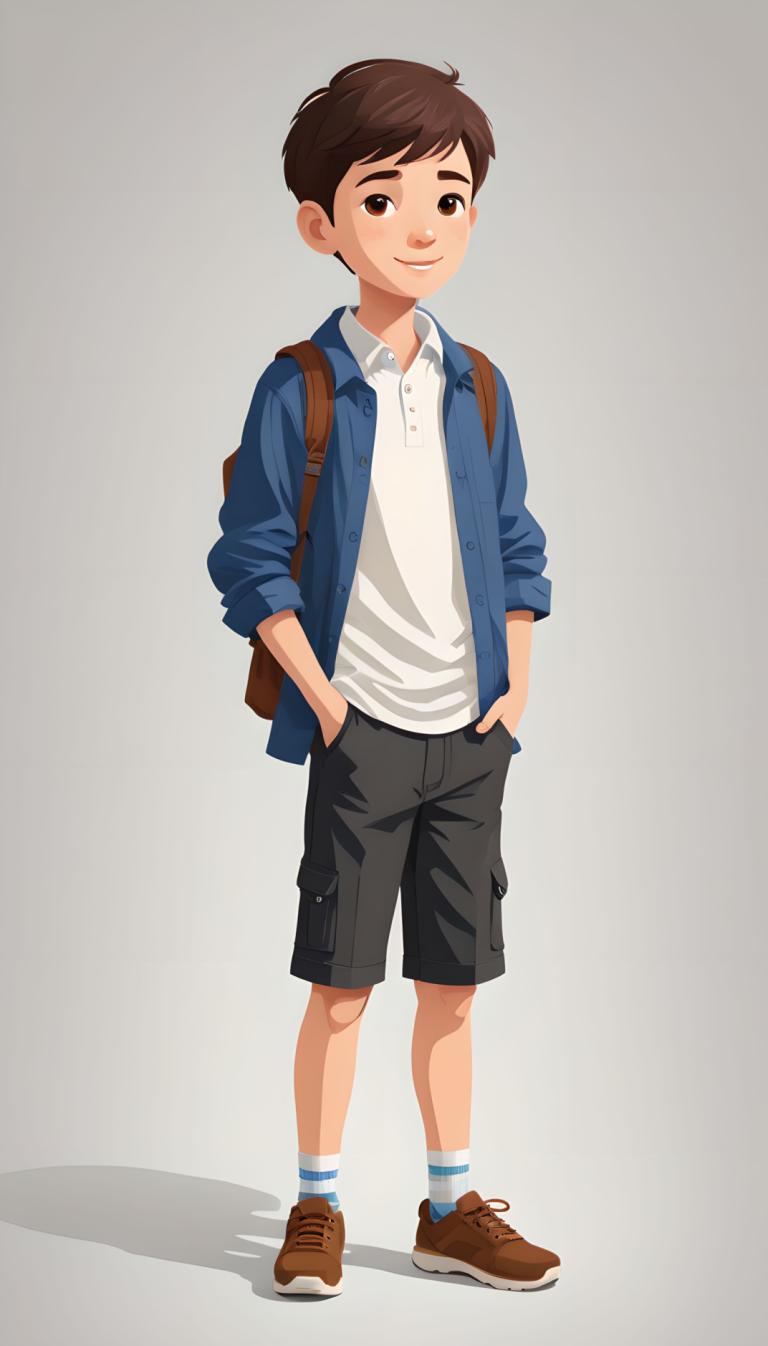 イラスト,イラスト, 人物, 少年, ソロ, 男の子1名, 男性の焦点, シャツ, ショートパンツ, 茶髪, 笑顔, 靴下, 開いた服, バックパック, 立っている, 全身, 白のシャツ, 靴, ジャケット, 茶色の目