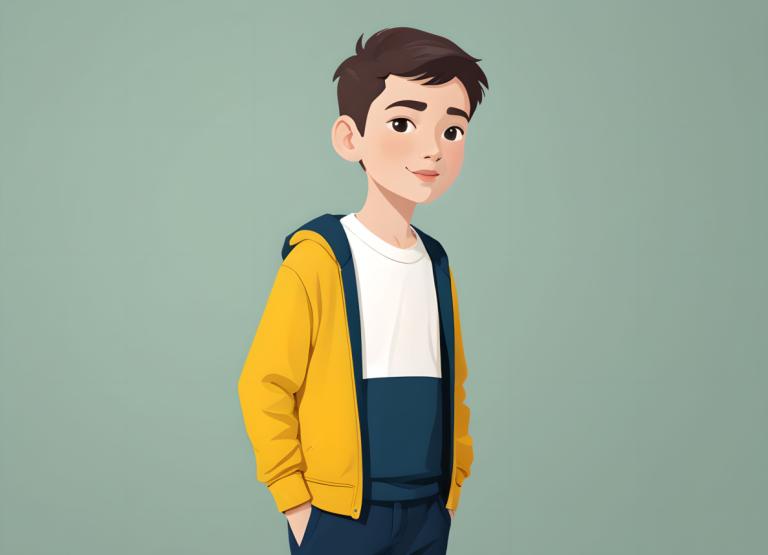 イラスト,イラスト, 人物, 少年, ソロ, 男の子1名, シャツ, シンプルな背景, 男性の焦点, 茶髪, 白のシャツ, 笑顔, ポケットに手を入れる, 視聴者を見ている, ジャケット, 黄色のジャケット, 黒目